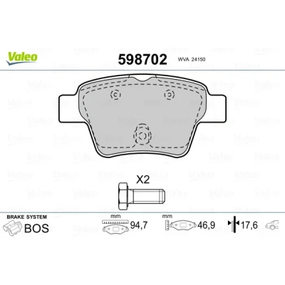 Imagen de VALEO 598702 Juego de pastillas freno PEUGEOT: 207 Hatchback, 307 SW, CITROËN: C4 I Coupé, Berlina
