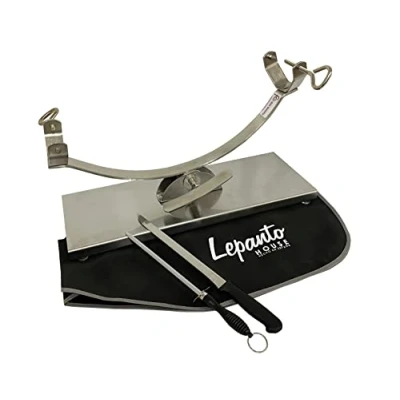 Imagen de jamonero balancin, soporte basculante de acero inoxidable + set corte con cuchillo chaira y cubre jamon negro LepantoHouse
