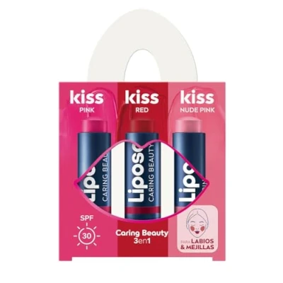 Imagen de LIPOSAN Pack Bálsamo labial Caring Beauty 3en1, combina los bálsamos de labios y colorete en barra 3 tonos (rojo, rosa pink nude), protector stick 1 (3 x 4,8 g)