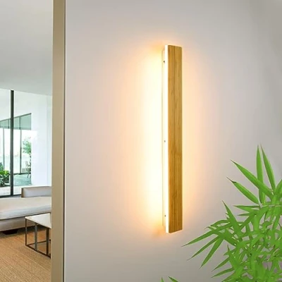 Imagen de Lámpara De Pared Interior LED Aplique Madera Moderno Apliques 3000k 24w Natural Bambú Luz Larga Para Sala Estar, Dormitorio Pasillo Escalera Iluminación,80cm