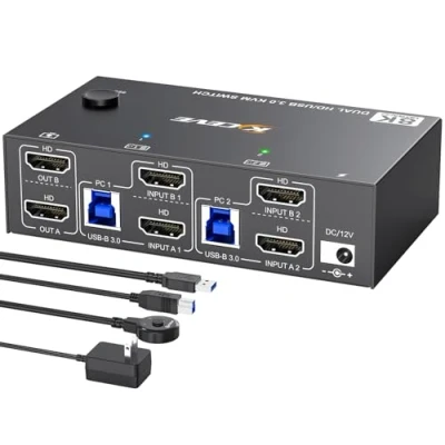 Imagen de 8K HDMI KVM Switch 2 Monitores Computadoras 8K@60Hz 4K@144Hz, Emulador EDID, MLEEDA USB 3.0 Dual Monitor PC Comparte y 4 Puertos 3.0, Control Remoto Cables Incluidos