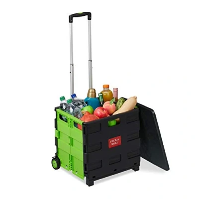 Imagen de Relaxdays Carro de la Compra Plegable, para hasta 35 kg, Caja 50 litros, Asa Telescópica, Carrito Transporte, 2 Ruedas, Verde y Negro, 99 x 45,5 37,5 cm