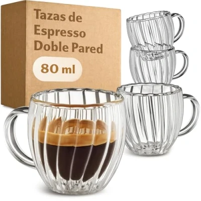 Imagen de Cosumy Taza de Café Espresso Doble Pared 80ml 4 Tazas con Asa Aislante Térmico Protege Las Manos Efecto Flotante Diseño Estriado Resistente Calor Aptas Para Lavavajillas