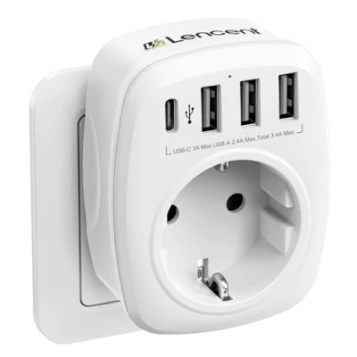 Imagen de LENCENT Ladron Enchufes, Cargador USB de Pared con 1 Toma CA Schuko Europeo 2 Pines, Puerto Tipo C y 3 Puertos USB, Adaptador Enchufe España Portugal para Smartphone Tableta 4000W