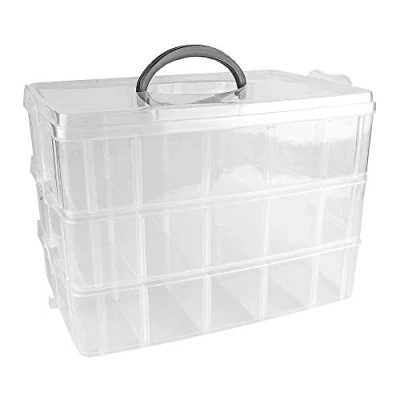 Imagen de Ideen mit Herz Caja de almacenamiento con tapa y asa 30 compartimentos, transparente, 26 x 18,5 17 cm, 3 niveles 10 compartimentos para piezas pequeñas, perlas, joyas, tornillos