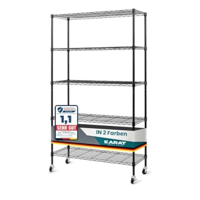 Imagen de KARAT estantería con ruedas de metal 5 estantes, para cocina, baño, sótano, trastero hasta 120 kg, freno estacionamiento, color negro, 89 x 34
