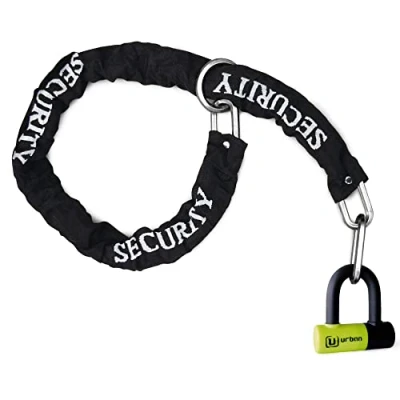 Imagen de URBAN UR59120 Candado Antirrobo Mini U con Cadena Lazo 120 cm, Doble Función Más Seguro para Moto Disco, Cerradura Alta Seguridad y Cierre, Antirobo Universal Moto,Scooter Bicicleta
