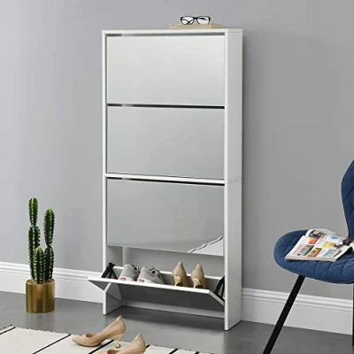 Imagen de [en.casa] Zapatero con Espejo 134 x 63 17cm 4 Compartimentos de Almacenamiento Mueble Organizador Zapatos Blanco