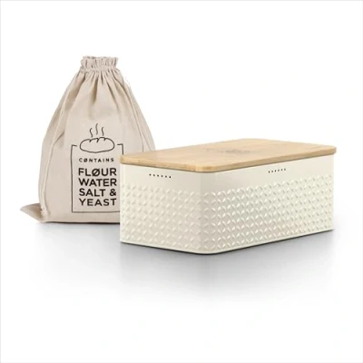 Imagen de LARS NYSØM Panera I Recipiente para Pan con Bolsa incluida Hecha de Lino Caja Tapa bambú Adaptable como Tabla Cortar (Almond Beige)
