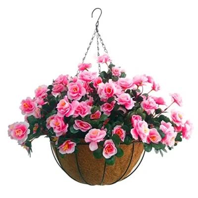 Imagen de Cesta colgante de seda rosa con cadena flores rosas para interiores y exteriores, maceta, rododendro falso, artificiales azalea (cesta mediana)