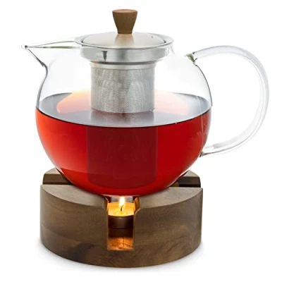 Imagen de GLASWERK Sencha Tetera con calentador, Vidrio de borosilicato, Tapa acero inoxidable botón madera, Calentador madera acacia, Filtro asa, Apta lavavajillas, Volumen 1,3 L (5 6 tazas)