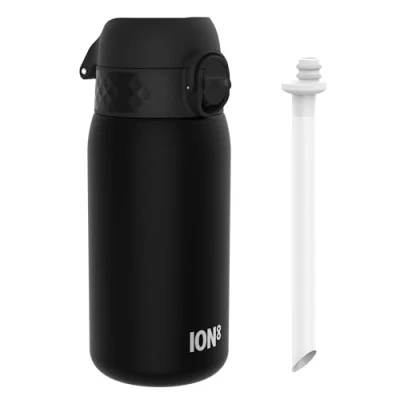 Imagen de Ion8 Botellas de Agua para Niños con Pajita, 350 ml/12 oz, a Prueba Fugas, Fácil Abrir, Seguro, Apta Lavavajillas, Sin BPA, Asa Transporte, Tapa Abatible Higiénica, Limpieza, Negro