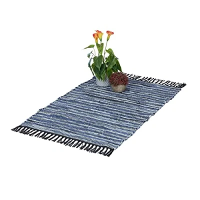 Imagen de Relaxdays Flickenteppich 60x100 cm Alfombra de Algodón y Piel con Flecos, Hecha a Mano, Decorativa, Antideslizante, Azul/Gris