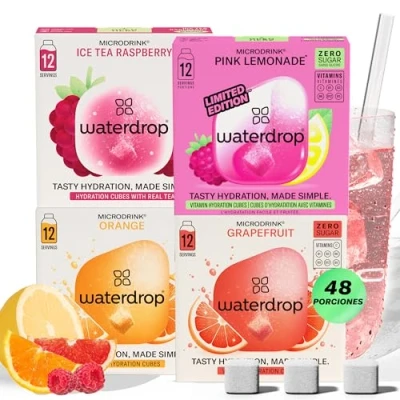 Imagen de waterdrop® Microdrink Mix, 48 Pastillas Saborizantes Para Agua, Bebidas Mix 4 Sabores Afrutados Sin Azúcar, baja en calorías y con vitaminas, Bebida Instantánea, Polvo de Hidratación, Botella