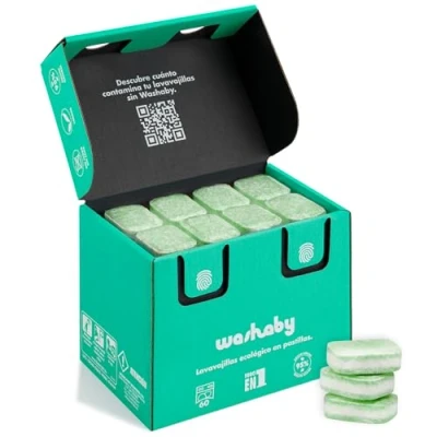 Imagen de Washaby Pastillas Lavavajillas Ecológicas 60 Cápsulas Todo en 1 Eco Certificado Ecolabel Detergente Biodegradables Sin Fosfatos ni Plásticos