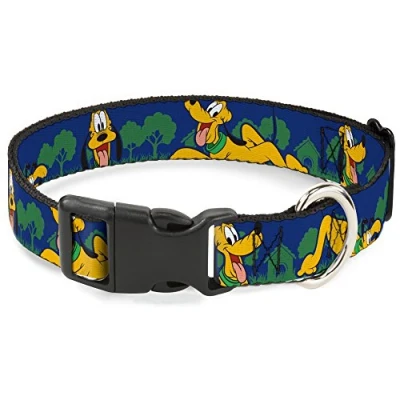 Imagen de Buckle Down Plastic Clip Collar Pluto 4 Poses/Landscape Blue/Green 1&quot; Wide Fits 15 26&quot; Neck Large Moda para Mascotas, Poliéster, Multicolor