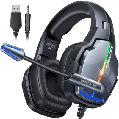 Imagen de Tatybo Cascos Gaming, Auriculares Gaming con Giratorio de 90 y 4 Modos Iluminación RGB, Transductores 50mm, Micrófono Premium Estéreo, Compatibles para Ps4 Ps5 Xboxone PC Switch