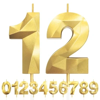 Imagen de Velas de 12 Cumpleaños Dorado, 3D Número 12, Vela para Pasteles, Feliz Cumpleaños,Velas Decoraciones Cumpleaños, Fiestas, Bodas, Aniversarios