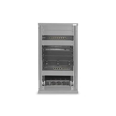 Imagen de DIGITUS Juego de 10 Pulgadas Armario Red 12U Serie Soho Negro Estante regleta enchufes Panel Conexiones 8 Puertos conmutador gigabit