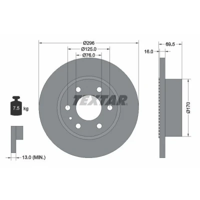 Imagen de TEXTAR 93177500 Disco de freno 296 16 06/07 125 macizo con anillo sensor ABS, sin perno sujeción rueda, buje rueda IVECO: Daily 6