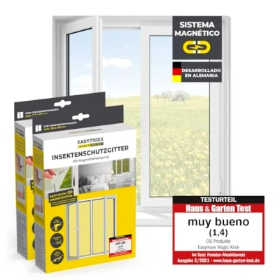 Imagen de EASYmaxx Mosquitera para Ventanas con Magic Click Cortada Individualmente a Medida Todas Las de hasta 150x180 cm Fácil instalación 12 imanes sin taladrar ni atornillar 2 Piezas