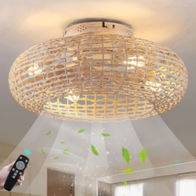 Imagen de KZT Ventilador Techo con Luz Y Mando a Distancia app silencioso Vintage E27 Lámpara De Bambú Natural Ratán Retro Plafon Para Sala Estar Dormitorio restaurante Comedor Iluminación