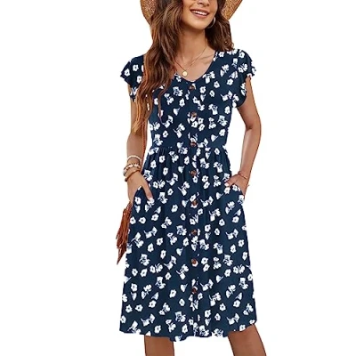 Imagen de MOLERANI Ropa De Verano Femenina Manga Lateral Volantes Cuello V Balanceo Casual Cintura Elástica Bolsillo Vestido Midi Flores Azul Marino S