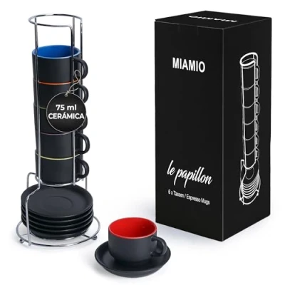 Imagen de MIAMIO 6 x 75 ml Tazas Cafe Espresso De Cerámica Gres Juego Café con Plato Le Papillon Colección (Multicolor)
