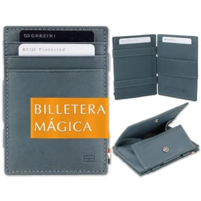 Imagen de GARZINI Cartera Mágica de Cuero Zafiro Azul para 7 Tarjetas con Bolsillo Monedas Tarjetero Bloqueo RFID. Fina Hombre Regalos Originales Hombres
