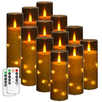 Imagen de Da by luz LED de vela, vela a batería con cadena empotrada, 12 velas sin llama control remoto 11 teclas, función temporizador 24 horas, color gris