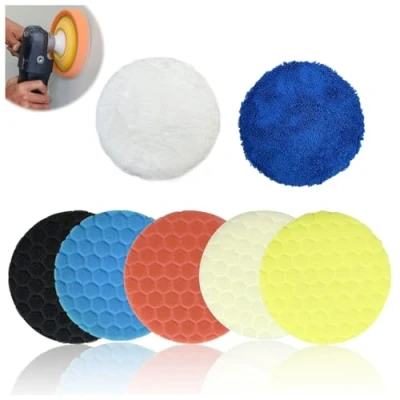 Imagen de Pmueuff Esponja Pulir para Coche, 7 Piezas Kit de Coche con Almohadillas Cera Lana Pulido pour Machine à Polir Polir, Meuler, Pulir, Lijar, Encerar Faros