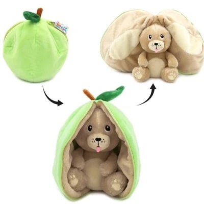 Imagen de Les Déglingos FLIPETZ Doudou Crocket Le Dog Manzana Caché Reversible Peluche Totalmente Suave para bebé Ideas Regalos de Nacimiento, Verde y Beige