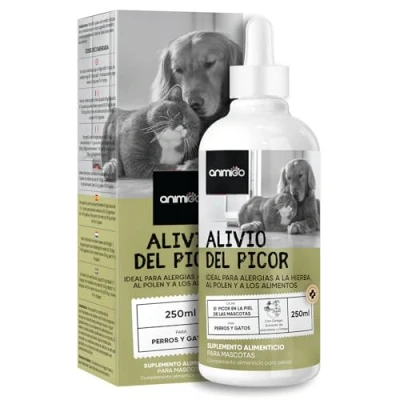 Imagen de Gotas Anti Picor para Perros y Gatos 250ml Alivio Natural contra Picores Ideal Piel con Heridas, Irritación, Alergias a Hierbas, Polen o Alimentos, Tapón Gotero de Fácil Administración