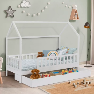 Imagen de IDMarket Cama cabaña infantil 80 x 160 cm, color blanco con 1 cajón nido y almacenamiento
