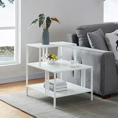 Imagen de [en.casa] Mesa Auxiliar en Forma de Escalera Mesilla Noche para Dormitorio Centro Salón Diseño Atemporal Versátil Acero 60 x 50 cm Blanco