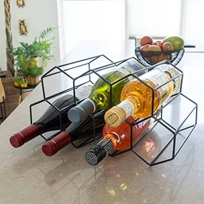 Imagen de QUVIO Estante de Vino para 7 Botellas Organizador botellero apilable Bebidas diseño Hexagonal Acero Cocina Comedor Bar (Negro)