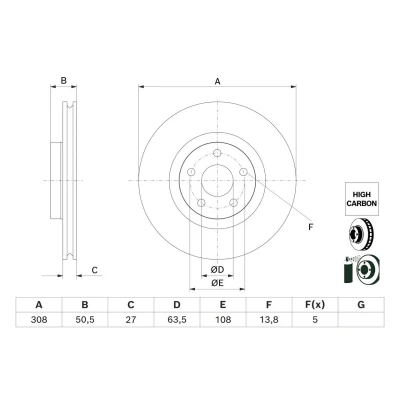 Imagen de BOSCH Disco de freno FORD: Focus Mk4 Hatchback, Sedán, Turnier 308mm 27mm 5 108mm ventilado revestido altamente carbonizado