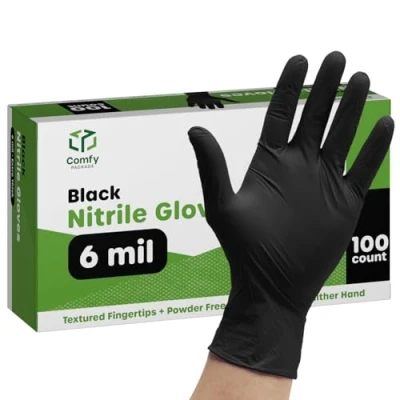 Imagen de Comfy Package [100 unidades Guantes de nitrilo negros desechables, sin látex, 6 Mil fuerza extra, polvo, resistentes a productos químicos, con puntas texturizadas Talla grande.