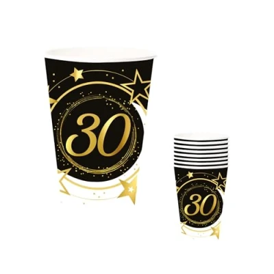 Imagen de Fiestas GUIRCA 6 Vasos Desechables de 30 Años (240 ml) (9 cm) Decoración Mesa para Ideal Celebraciones y Eventos Negro, Oro, Blanco