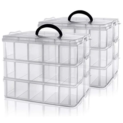 Imagen de Kurtzy Caja Almacenamiento Plastico 3 Niveles (Pack de 2) Ranuras Compartimentos Ajustables Organizadora Transparente Máximo 30 Guardar Juguetes Joyas, Cuentas
