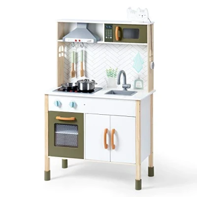 Imagen de ROBUD Cocina Infantil de Madera con luz y Sonido, Juegos Juguetes para niños, Accesorios, Campana extractora, Horno microondas, niños pequeños a Partir 3 años