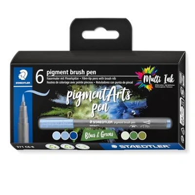 Imagen de STAEDTLER 371 C6 8 Pigment Arts Rotuladores de pincel, colores surtidos azul y verde (paquete 6)