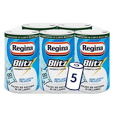 Imagen de Regina Blitz Carta Casa, paquete de 5 rollos, 500 maxi hojas 3 capas, papel reciclable, limpia y seca en una cremallera, 100% certificado FSC