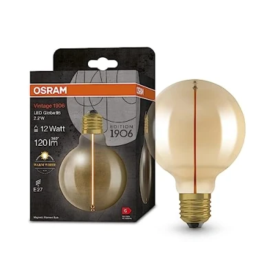 Imagen de OSRAM Lámpara LED Vintage 1906 Classic Globe95 FIL, E27, esférica, dorada, 2.2W, 120lm, 2700K, luz blanca cálida, muy bajo consumo, larga vida, filamento magnético