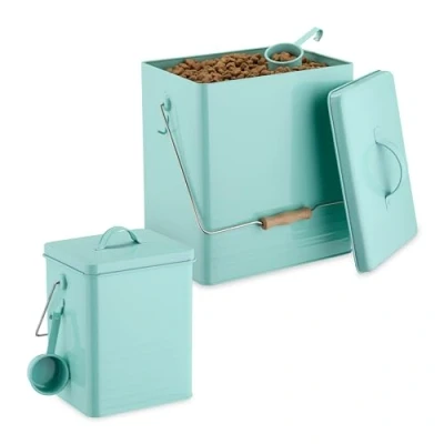 Imagen de Relaxdays Juego Turquesa Pack 2 Recipientes de Comida Mascotas, Tamaños, con Tapa y Cucharas, Cajas Pienso Perro Gato, Hierro, 36,5 x 21 28,5 cm