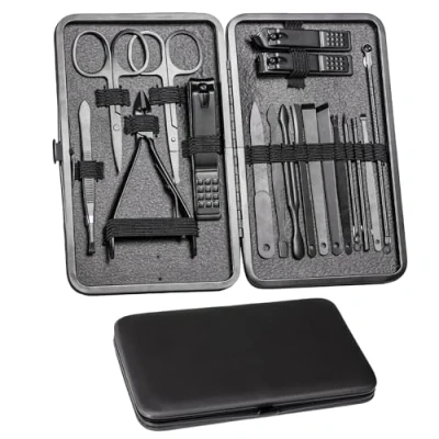 Imagen de juego de manicura para hombre, 18 unidades cuidado uñas pedicura, cortaúñas acero inoxidable kit portátil viajes (negro)
