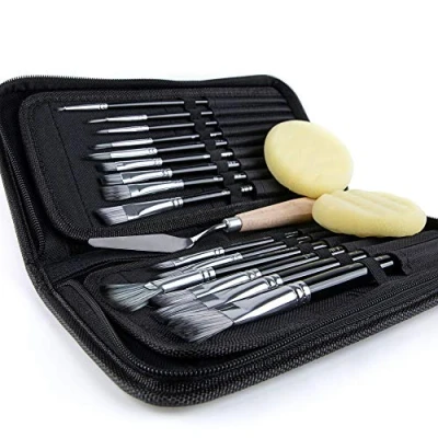 Imagen de ARTIFY Juego de Pinceles 15 Piezas para Pintura acrílica, óleo, Acuarela y Gouache, Incluido un Estuche Transporte portátil desplegable con una Cuchillo Paleta 2 esponjas. Negro