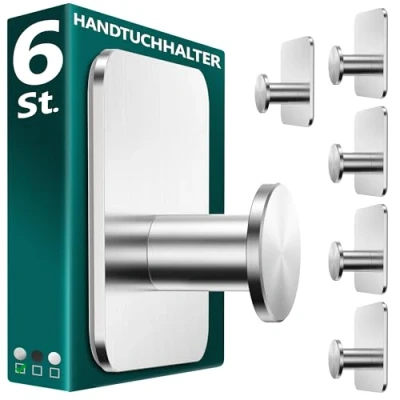 Imagen de Menz Toallero sin taladrar, color plateado, 6 unidades, resistente, gancho adhesivo moderno, para baño, autoadhesivo, ideal como funcional toallas