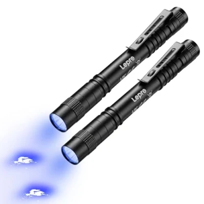 Imagen de Lepro linterna UV, lámpara UV de 365 nm con clip, funciona pilas, luz negra, versátil y portátil, ámbar para detección fugas, orina mascotas dinero falso