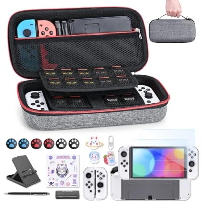 Imagen de Paquete de Accesorios NS Switch OLED Funda 18 en 1 Carcasa Switch, Juegos Protector Pantalla OLED, Soporte Grips Mando (Gris)